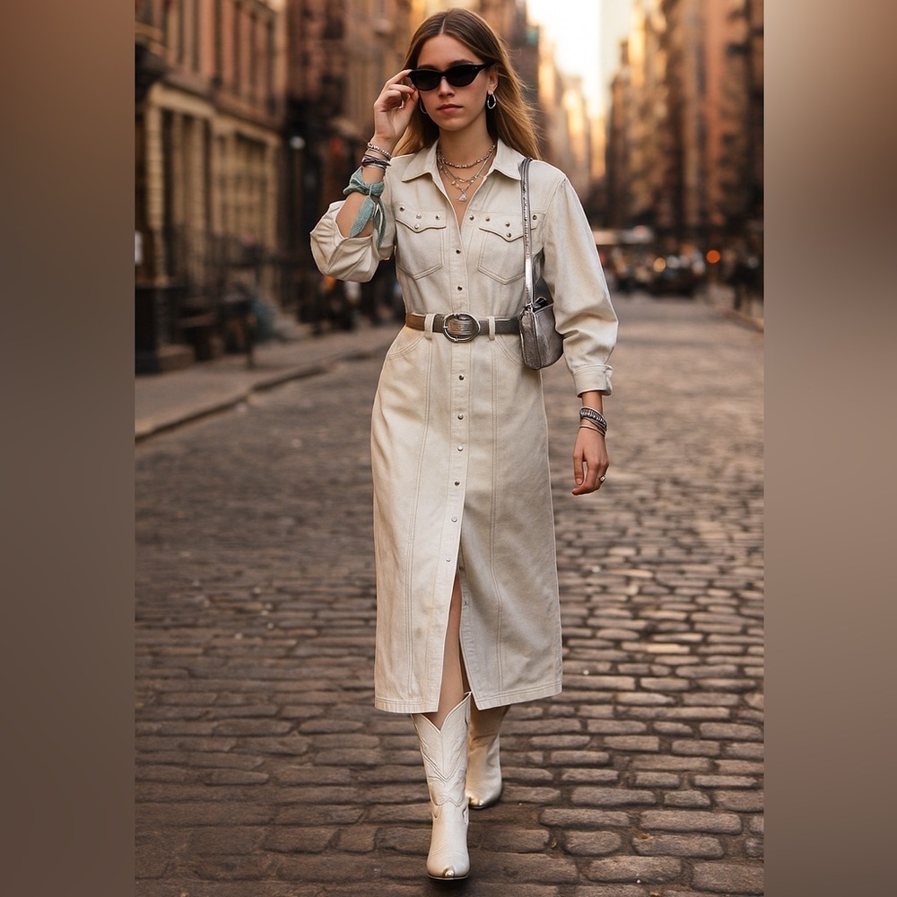 Vintage 1980s Karen Alexander Quilted Maxi Denim Coat-Dress – Studded Belted Jea